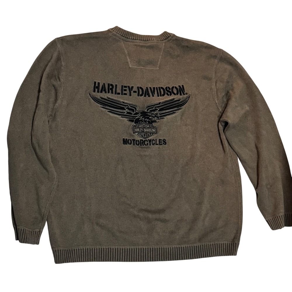 Harley-Davidson Sweater Men XL Olive Brown Good Embroidered Eagle Biker Knit